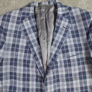 Tom James Sport Coat 42S Blue Plaid Linen Hand Tailored Holland and Sherry